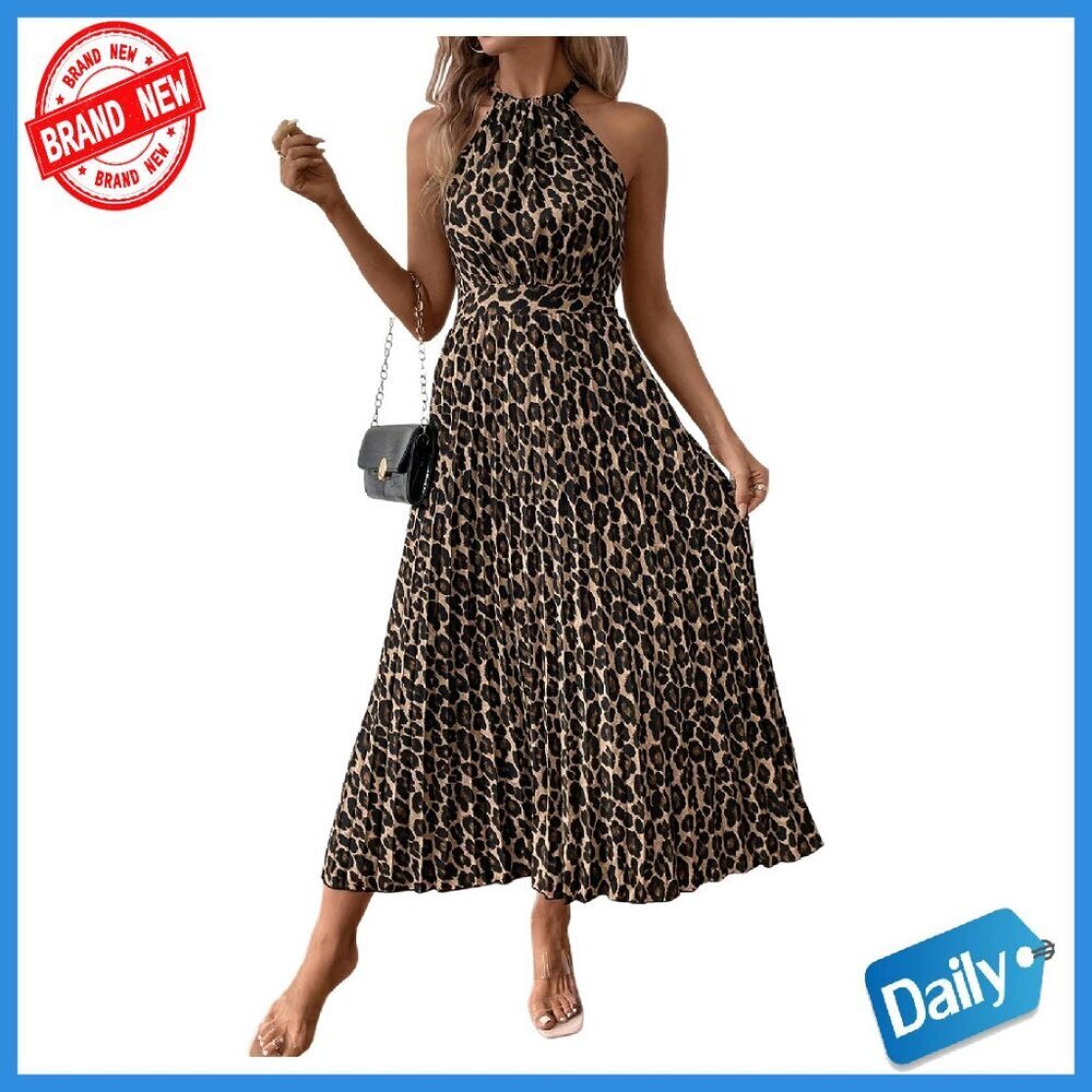 Sleeveless Halter Maxi Dress with Pleated Hem, A-Line Fit